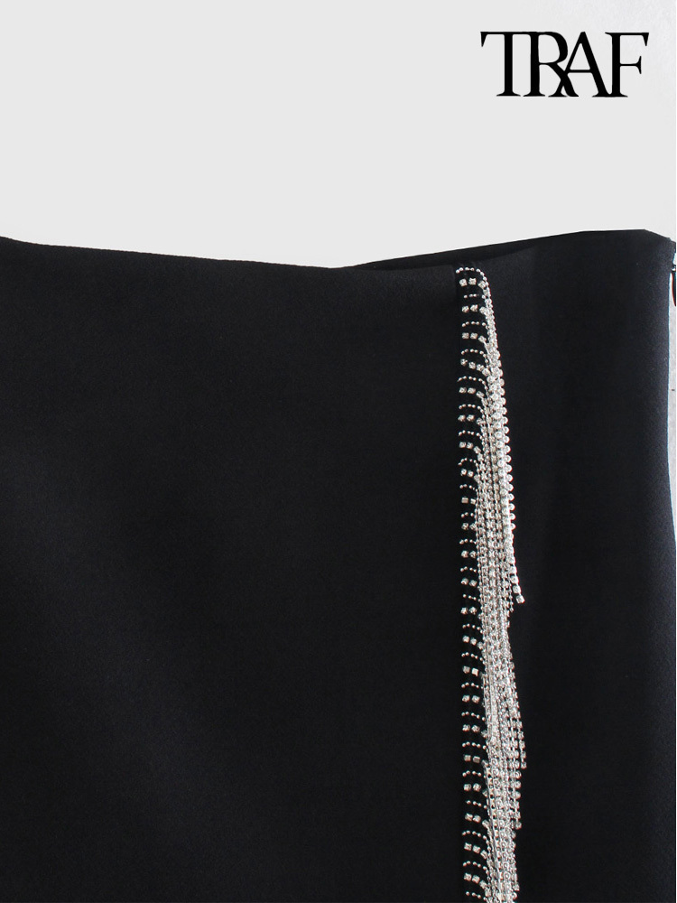 TRAF Women Fashion With Bejewelled Fringe Detail Mini Skirt Vintage High Waist Side Zipper Female Mujer 220322