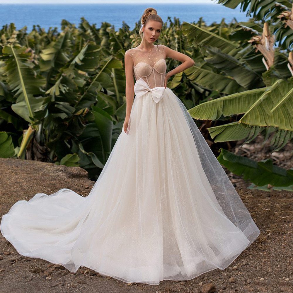 Sexy A-line Wedding Dresses Deep V Neck Sleeveless Strapless Chiffon Lace High Waist Bow Tie Floor Length Boho Bridal Dress Bohemian Wedding Gowns