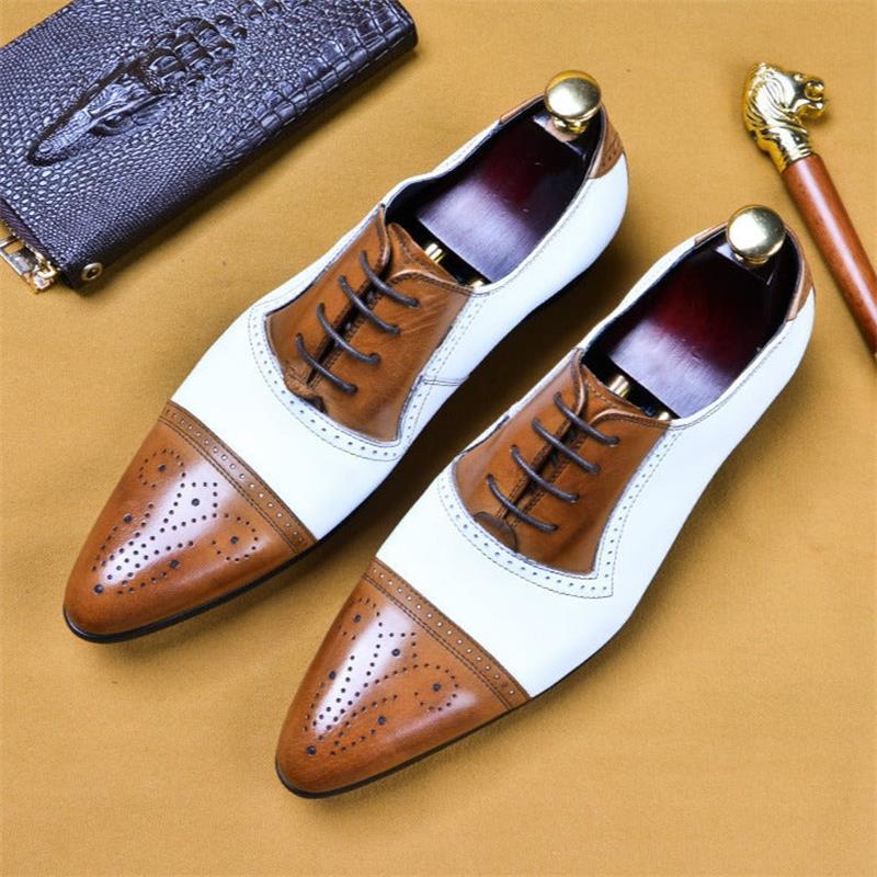 Men Gentleman Brogues Color-blocking PU Pointed Toe Carved Oxford Lace-up Classic Fashion Business Casual Party Dress Shoes