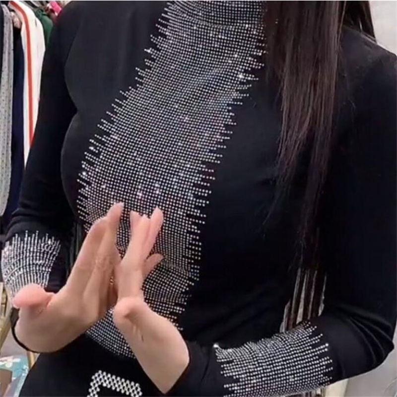 drill Half high collar T-shirt Women's Bottoming Tee Winter Plus velvet Warm Pullover Base Tops Sexy Female Diamond Tshirt 220321