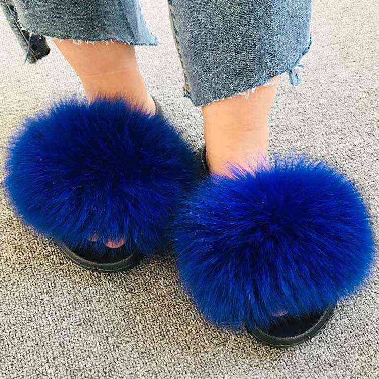 Real Raccoon Fur Slippers Women 2021 Sliders Casual Fox Hair Flat Fluffy Fashion Home Summer Big Size 45 Furry Flip Flops Shoes
