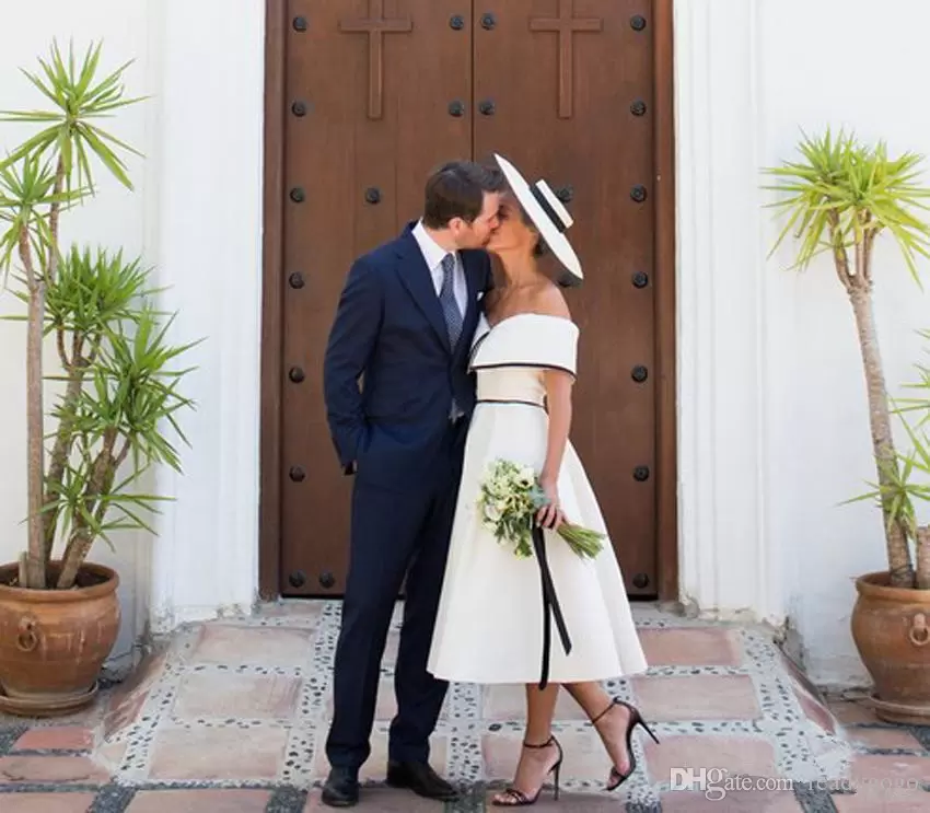 Vintage Wedding Dresses Bridal Gown Off The Shoulder A Line Satin Tea Length Ruched Pleats Custom Made Plus Size Vestidos De Novia