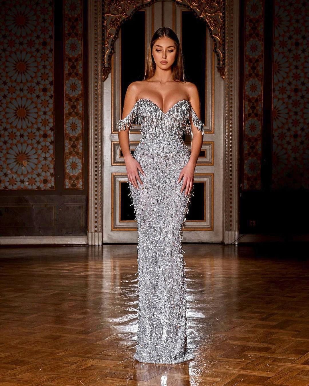 Luxury Women Sequined Evening Dresses 2 Pieces Floor Length Strapless Mermaid Prom Gowns Shiny Full Length Jacket Dress