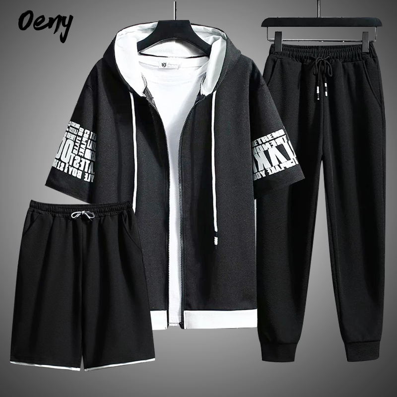 Sweat Suit Summer Men's Sets Hooded Zipper Short Sleeve TopsTrousersShort Men Clothing 3Piece Set Streetwear Tracksuit Men 220803