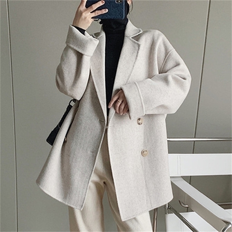Women's Double-Breasted Wool-Blend Coat Turn-down Collar Long Sleeve Solid Color Jacket with Pockets 201221