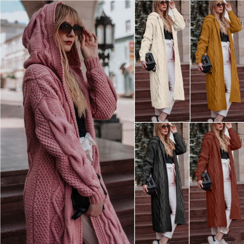 sweaters European American autumn and winter solid color hooded long cardigan sweater twist knitted sweater, Pink
sweaters European American autumn and winter solid color hooded long cardigan sweater twist knitted sweater, Pink
