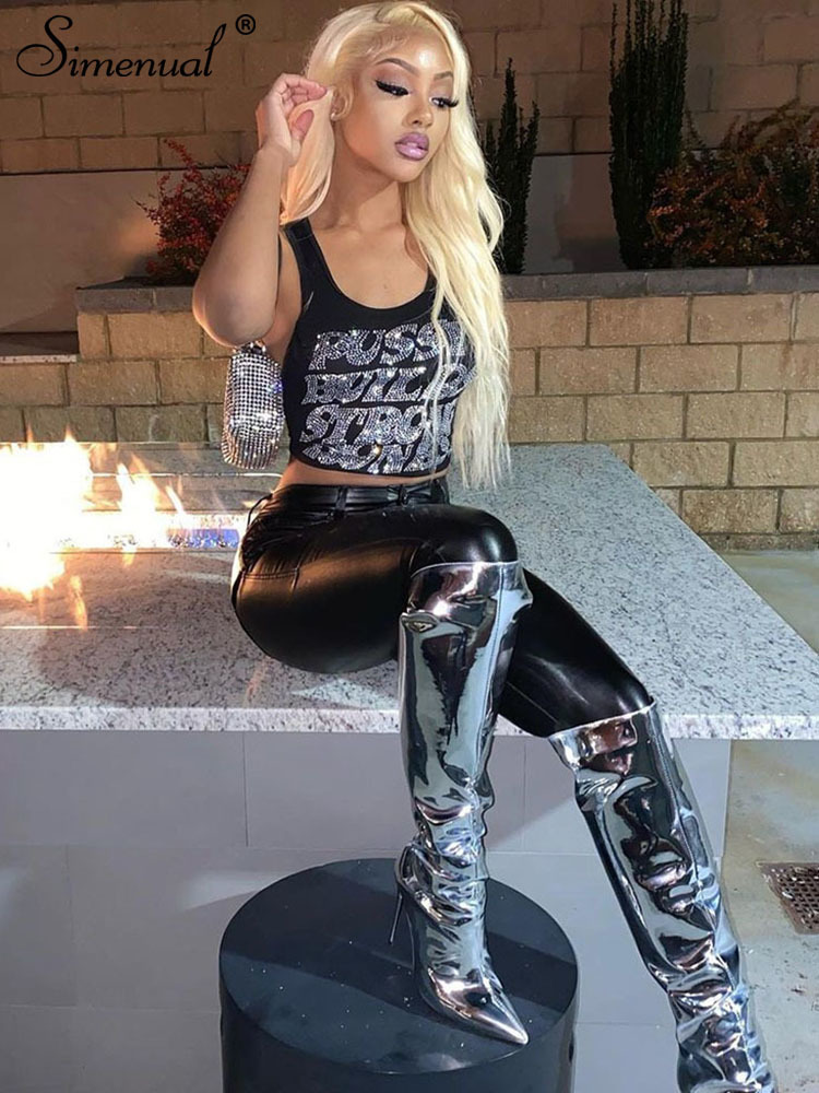 Simenual Diamonds Casual Simple T shirt Women Harajuku Skinny High Street Outwear Hipster Tank Tops Sexy Hollow Out Vest Baddie 220628
