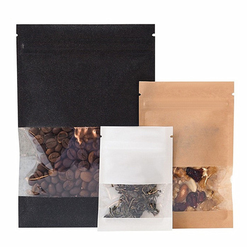 100pcs Flat Bottom Kraft Black White Paper Window Zip Lock Bag Resealable Snack Coffee Beans Powder Candy Capsule Nuts Tea Heat Sealing Packaging Pouc