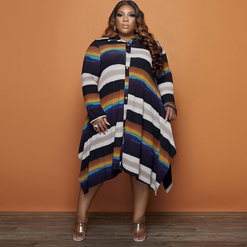 Plus Size Dresses ZZ Women Clothing Dress Casual Striped Lapel Neck Long Sleeve Side Split Irregular Drop WholesalePlus, Multi