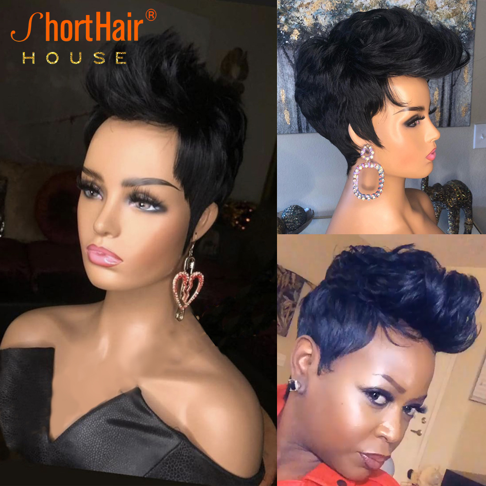 Short Bob Pixie Cut Human hair Wig Brazilian None Lace Front Wigs For Black Women Full Machine Made 150 density