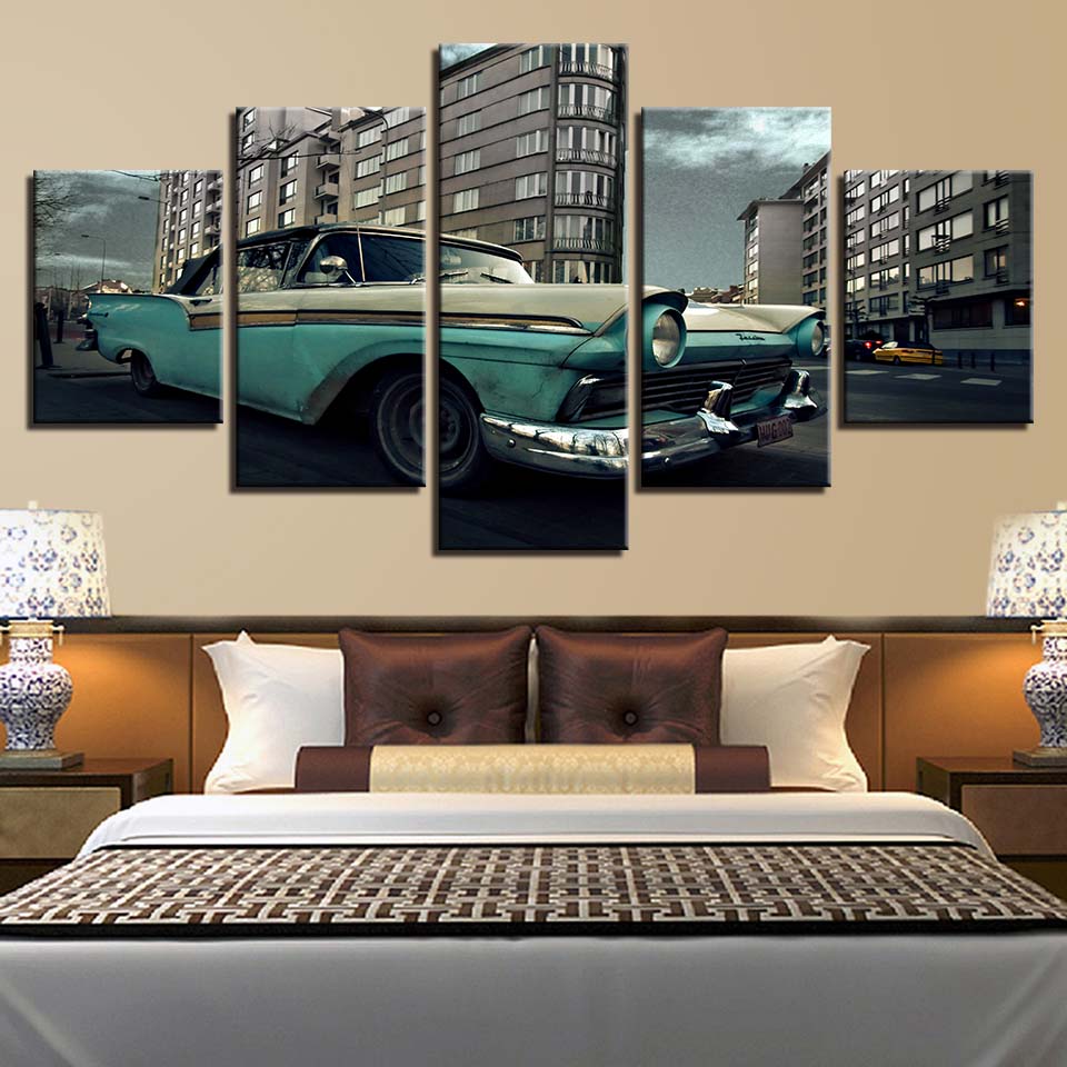 Retro green leather car on the road 5 pcs Modern Home Wall Decor Canvas Picture Art HD Print Painting On Canvas for Living Room