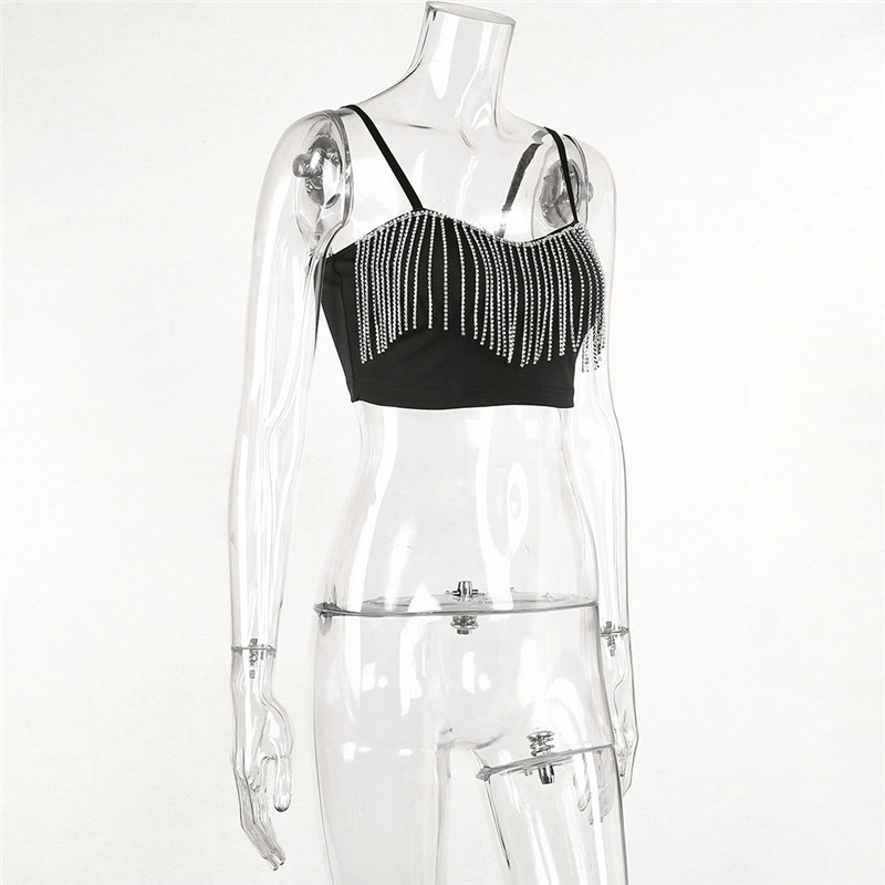 CNYISHE Fashion Sexy Clubwear Diamond Tassel Crop Tops Sleeveless T Shirts Slim Lady Bralette Strap Skinny Female Tee 220321