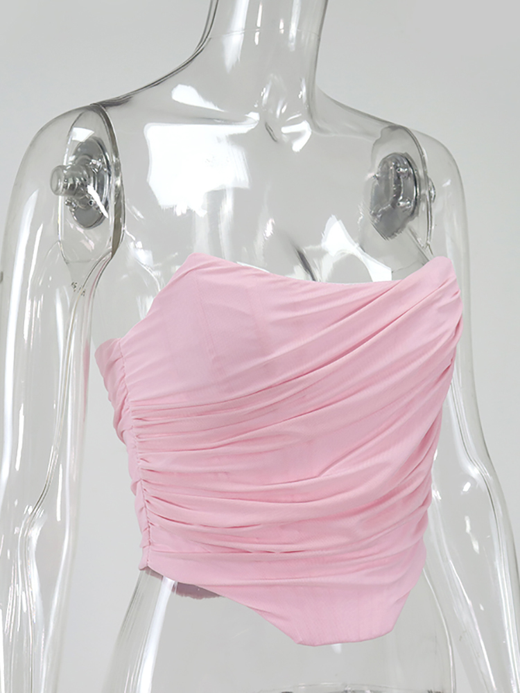 Asia Boning Mesh Corset Tops Women Slash Neck Backless Ruched Sexy Summer Crop Pink Strapless Tank Lavender Cropped 220325