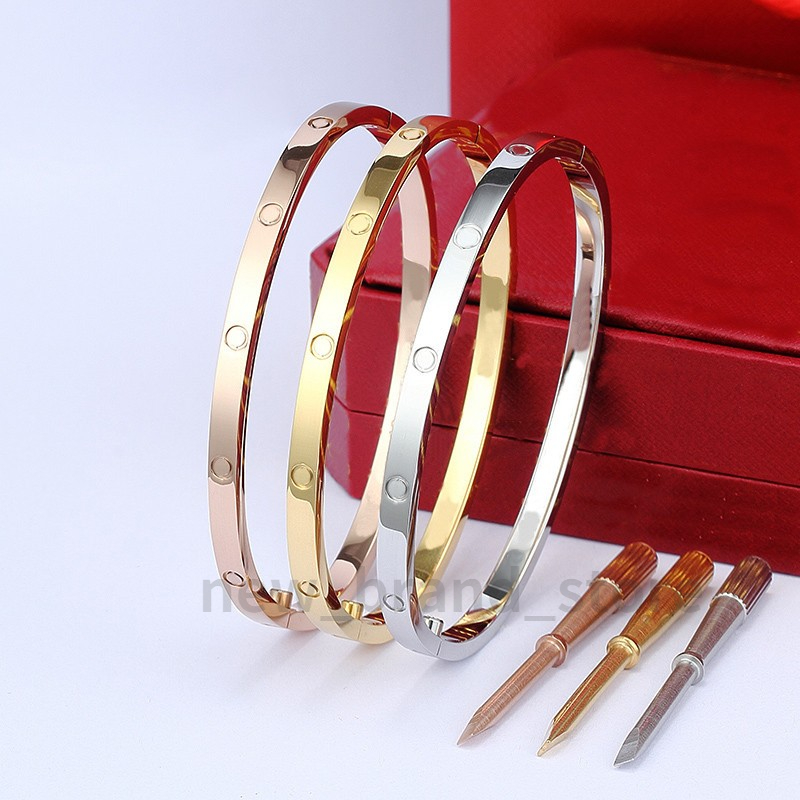 4mm thin silver bracelets Bangles For Women Men Titanium Steel Gold lovers Bracelet with box 16-19cm bangle mens bracelets