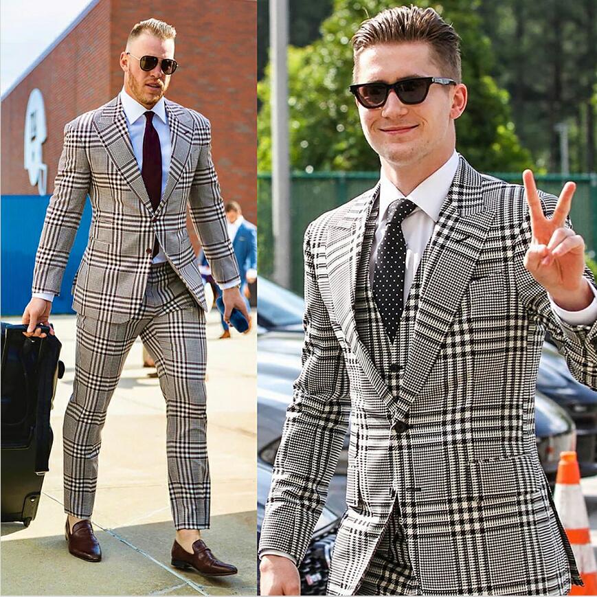 Black White Plaid Men Wedding Tuxedos 2 Pieces Slim Fit Peaked Lapel Outfits Blazer Wear