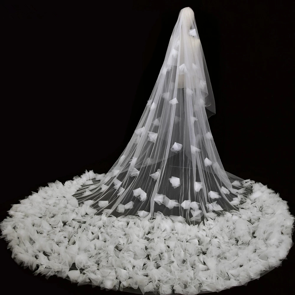 Wedding Veil Blusher Soft Tulle Veils 2 tier Cathedral Length Bride 3M 5M Flowers Veil with comb Bridal Veu de