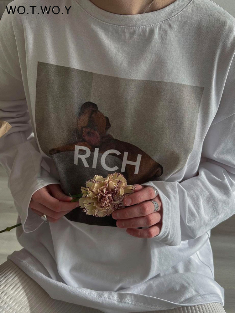 WOTWOY Long Sleeve Funny Printed Graphic T shirt Cotton Casual Loose Basic Tops Female White Cute Tee Shirts Harajuku 220728