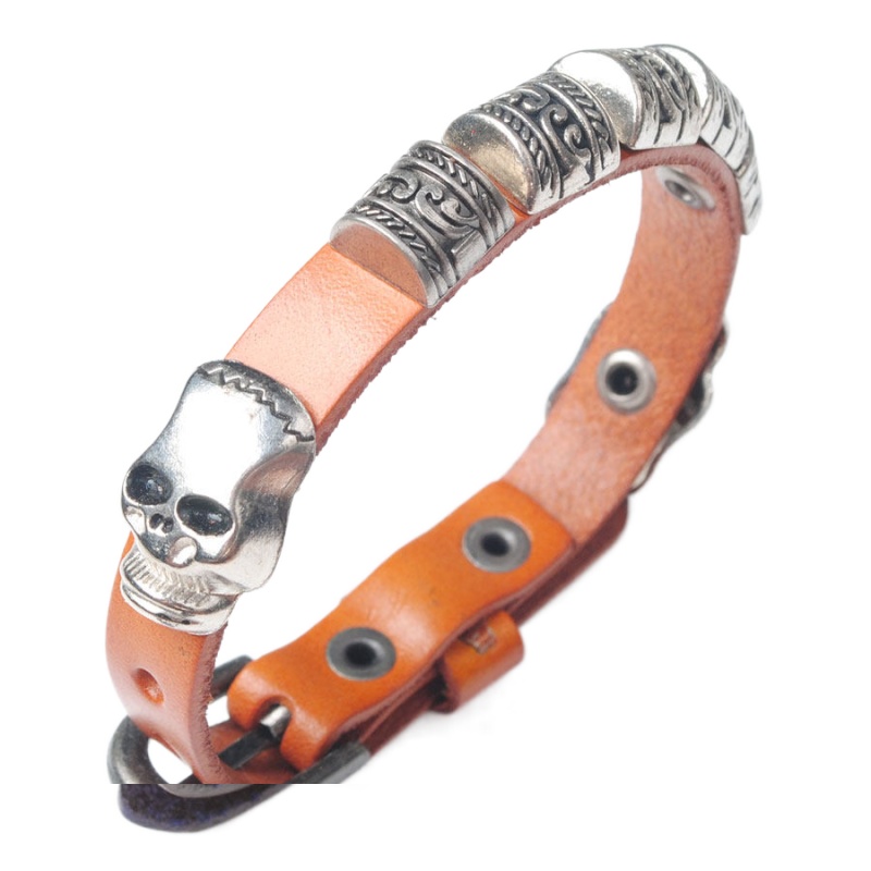 WOJIAER Bracelets Ghost head Accessories Men's Silver Leather Wrist Adjustable For Special Present BC015