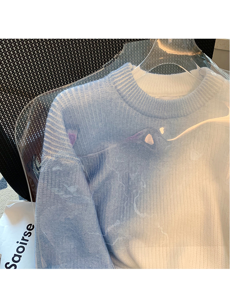 Women Autumn Winter Crewneck Blue White Gradient Knitwear Sweatshirts Loose Long Sleeve Vintage Knitted Pullover Sweater 220817