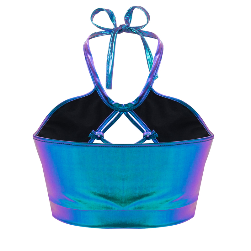 Women Sexy Wetlook Metallic Crop Top Shiny Halter Backless Lace-up Holographic Cami Tank Rave Dance Vest Party Clubwear 220316