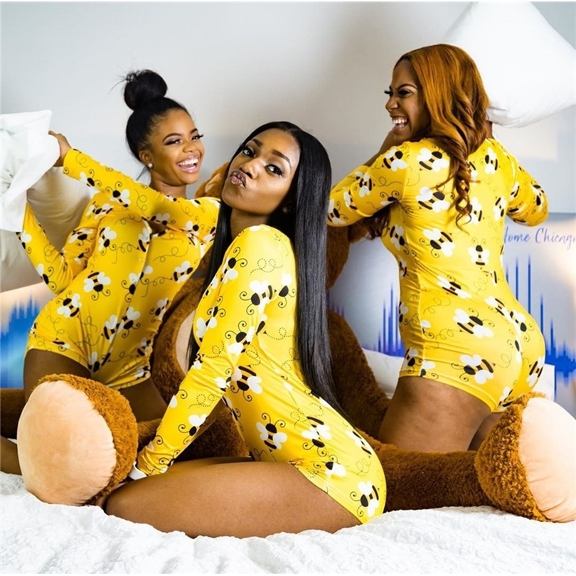Sexy Women Deep Vneck Animals Bodysuit Long Sleeve Bodycon Stretch Bodysuit Button Short Romper Pajama Sleepwear Jumpsuit T200527