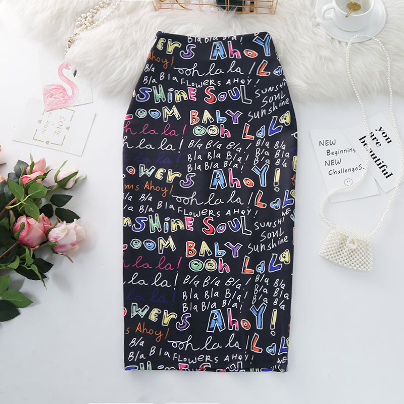 Women's Pencil Skirts letters Printed Graphic Summer Autumn High Waist Slit Tube faldas Woman Stretch Skirt Female GD503 220317