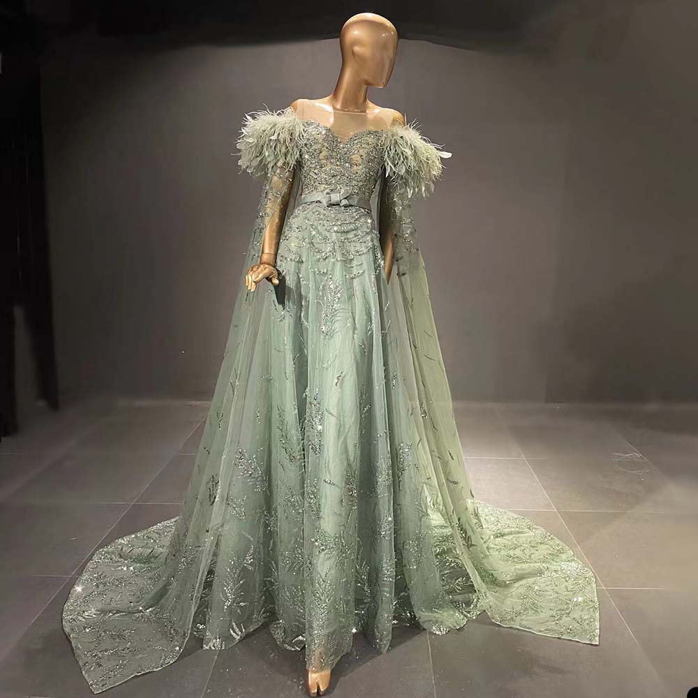 Green A-line Evening Dress Glitter Lace Sequins Appliques Beads Ostrich Feather Floor Length Sleeveless Chiffon Ruffles Elegant Custom Made Plus Size 