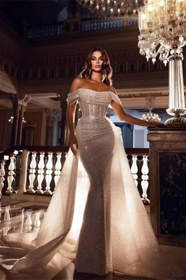 2022 Sparkling Sequins Mermaid Wedding Dresses Off The Shoulder Bridal Gown Beaded Ruffles Sweep Train Summer Beach Plus Size Vestido De Novia
