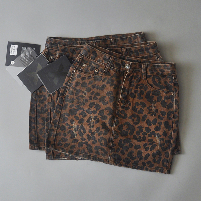 Sexy ripped leopard print skirts mini denim Streetwear pencil high waist faldas mujer moda 220322