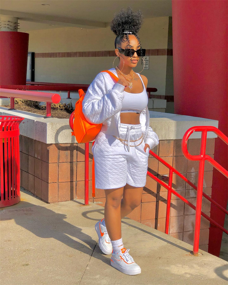 Adogirl Mercerized Cotton Solid Tracksuit Women Casual Active Two Piece Set Zipper Long Sleeve Jacket Top Pockets Shorts Suit 220602