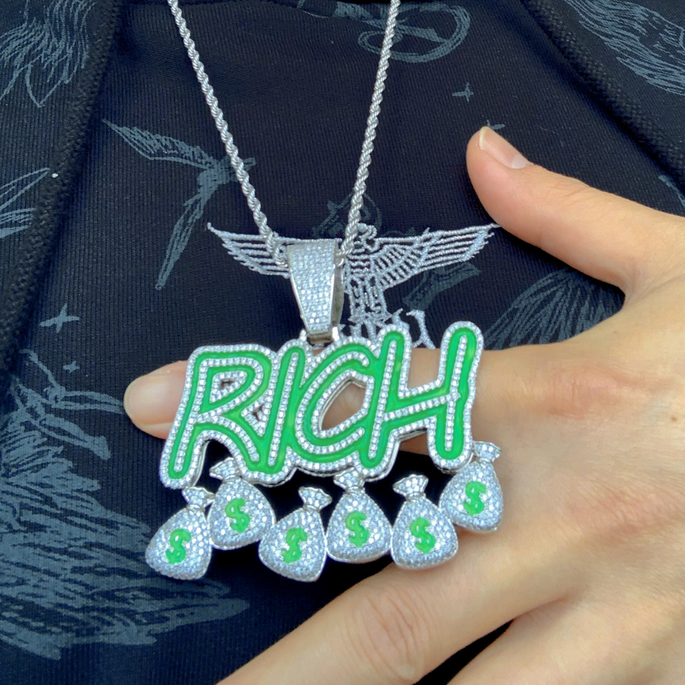 Iced out new style Letter Rich pendant paved full cubic zircon plated gold silver enamel green Glowing hip hop necklace for men boy us $ dollar shape 