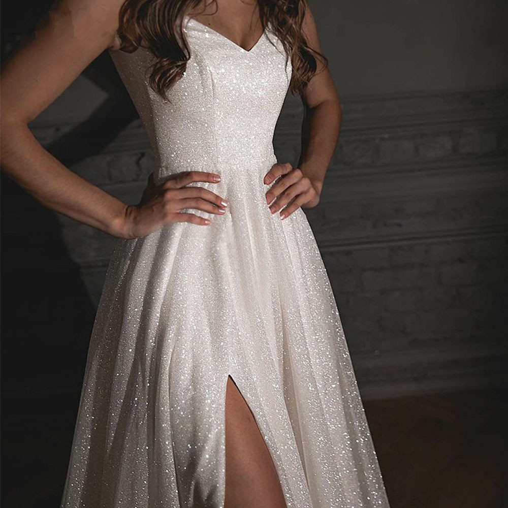 Glitter Spaghetti Strap Sweetheart Evening Dress Tulle Side Split Floor Length A Line Princess Plus Size Custom Made Princess Bridal Dress Robe De Mar
