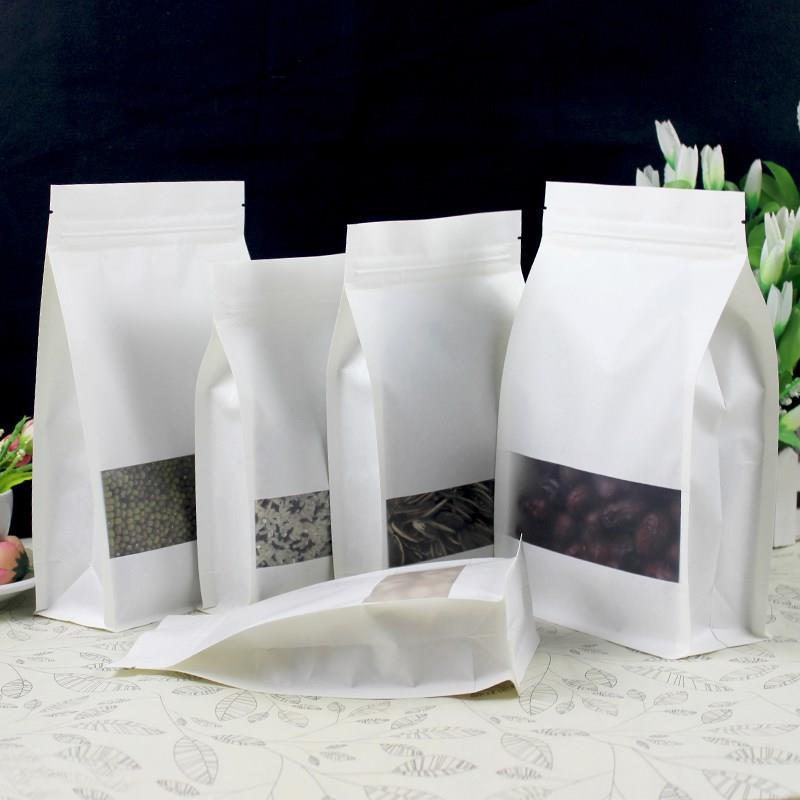 100pcs 3D Thick Stand up White Paper Window Packaging Bag Resealable Ground Coffee Beans Seeds Snack Tea Cereals Wedding Party Gifts Heat Sealing Stor