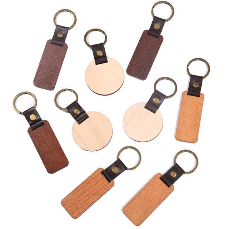 Personalize Keychains Blanks For Engraving Wooden Handmade Leather Keychain Round Rectangle Wood Luggage Decoration Key Ring