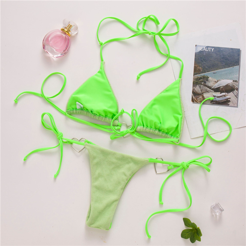 Sexy Bandage Bikinis Swimsuit Women Love Ring Swimwear Solid Lace Up Bikini Set Beach Thong Biquini Bathing Suits 220611