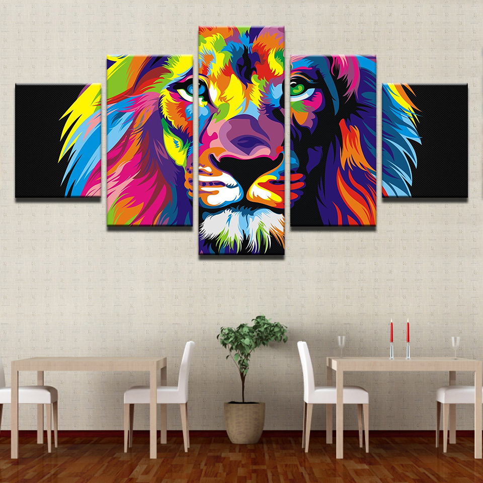 Modular Pictures Living Room Decor Wall Art HD Prints Abstract Posters 5 Pieces Colorful Lion Head Canvas Painting No Frame