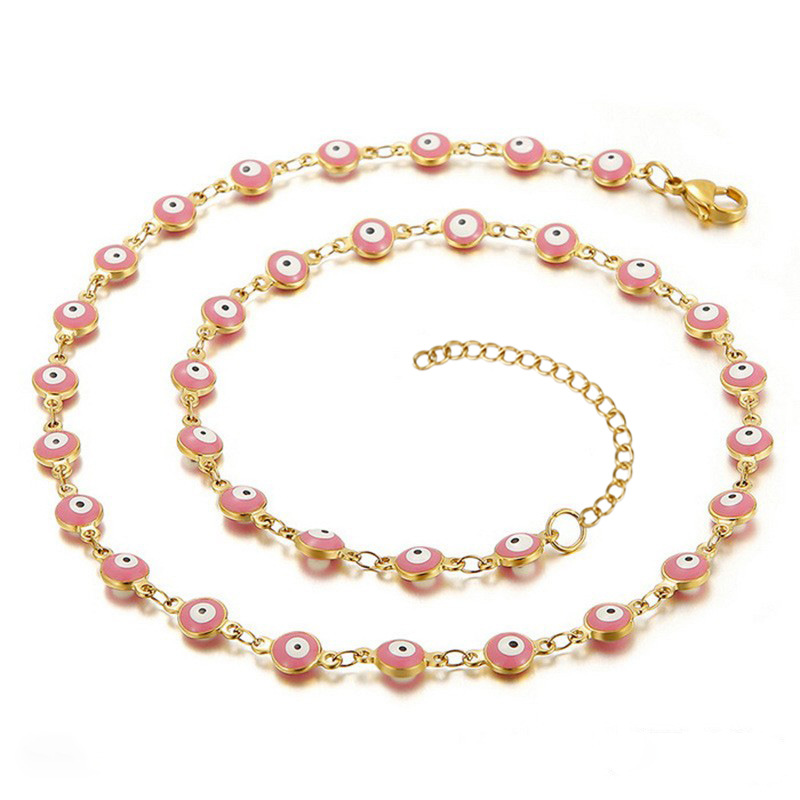 Classic Design Stainless Steel Chain Round Multicolor Evil Eye Necklace Bracelet Fashion Women Jewelry