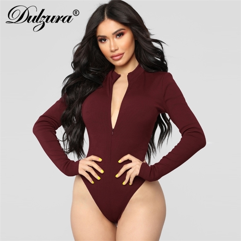 Dulzura front zipper long sleeve women sexy bodysuit autumn winter black white burgund solid skniny streetwear body v neck