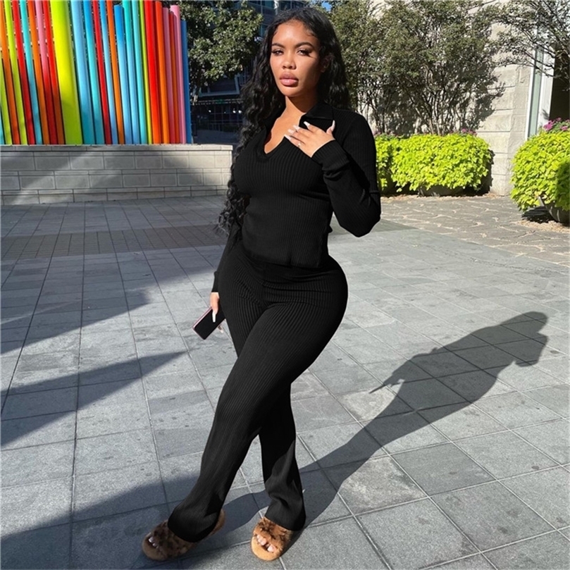 Solid Knit Ribbed Two Piece Sets Women Winter Clothes Warm Long Sleeve Top and Wide Leg Pants Matching Sets Outfits Loungewear 220817