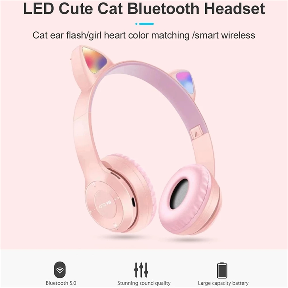 Cute Cat Ears Bluetooth Wireless Headphone With Mic Noise Cancelling Kid Girl Stereo Music Helmet Phone Headset Gift