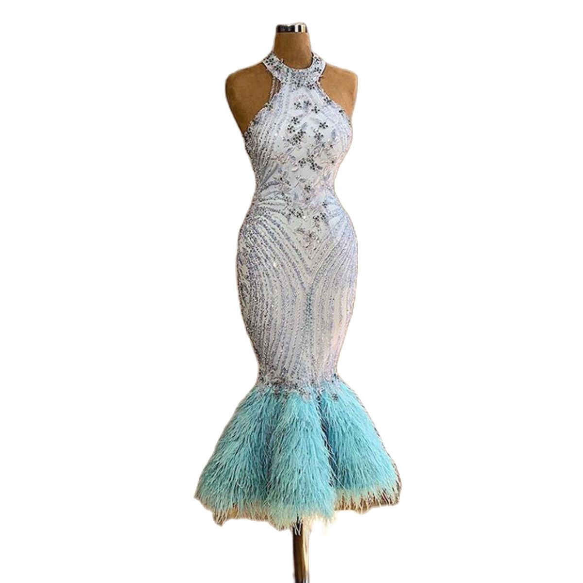 Luxury Crystal Mermaid Prom Dresses With Blue Feather Ankle Length Evening Gowns Custom Halter Party Dress