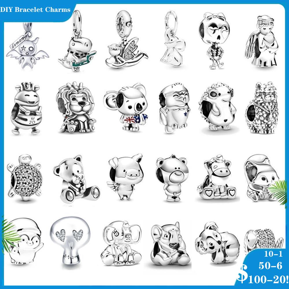 925 Silver Fit Pandora Charm 925 Bracelet Small Animal Koala Pig Snake Bear charms set Pendant DIY Fine Beads Jewelry