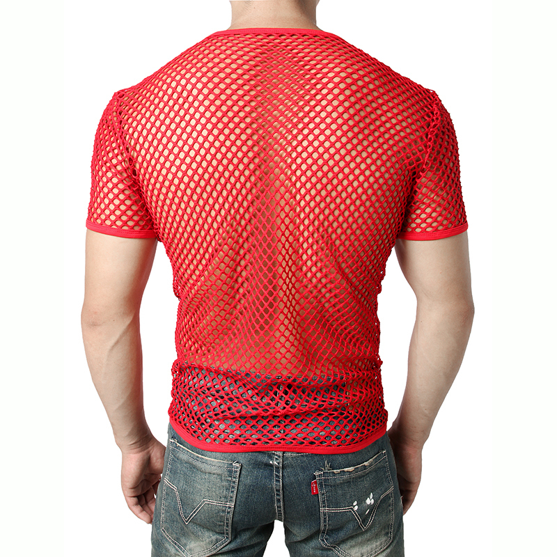 Men's Red Sexy Fishnet See Through T-shirt Fashion Short Sleeve Mesh Transparent Tshirt Men Hip Hop Hipster Tee Shirt Homme 220516