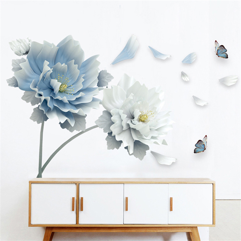 Large White Blue Flower Lotus Butterfly Removable Wall Stickers 3D Wall Art Decals Home Decor Mural Art for Living Room Bedroom