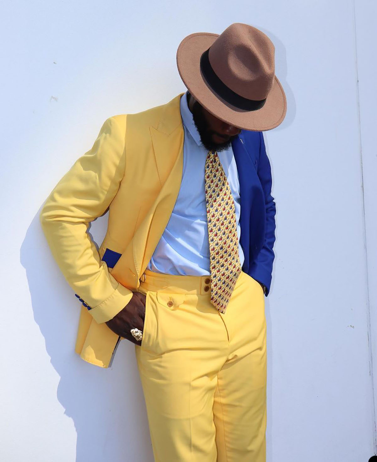 Plus Size Tuxedos Yellow Blue Color Matcing Men Suits Set 2 Pieces Slim Fit Peaked Lapel Outfits Wedding Tuxedo Pants