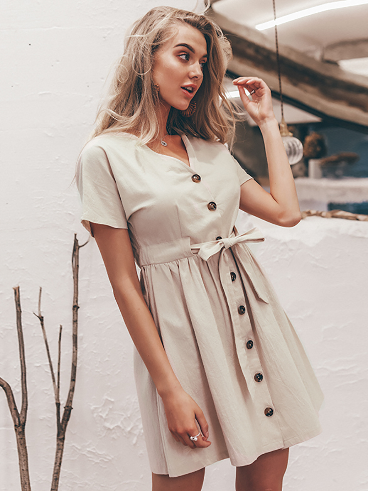 Vintage buttons women dress shirt V neck short sleeve cotton linen short summer office dresses Casual korean vestidos 220511