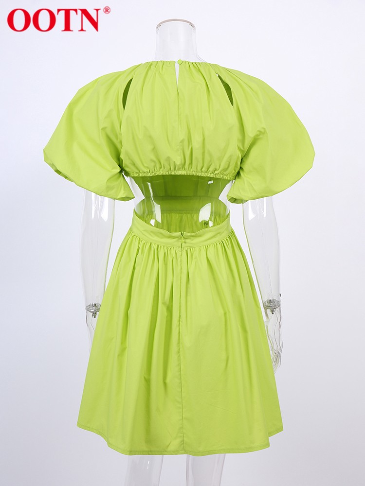OOTN Sexy Green A Line Women Dress Round Neck Summer Hollow Out Mini Dress Ruched Chic Fashion Puff Sleeve Dresses Cotton 220511