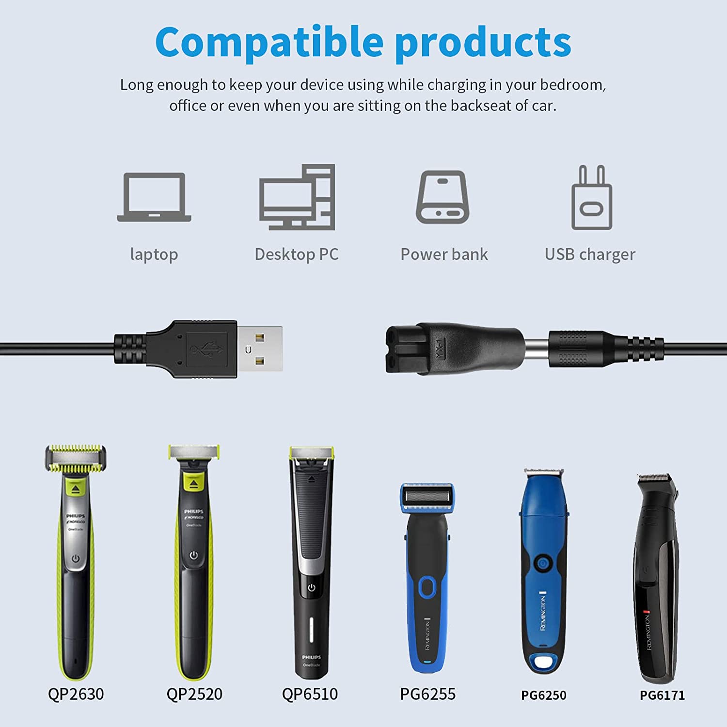 Power Cable 5V USB Charger Cord Replacement Adapter Compatible with a Various Types of HQ8505 Philips Norelco Shavers Electric Razor SURKER Clippers