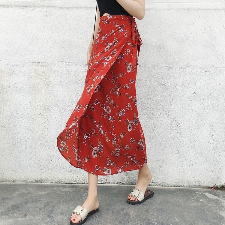 Women Floral Print Chiffon Long Skirt Summer Stylish Midiskirt Lace-up Wrap Holiday Suntan Beach s Sexy 220317