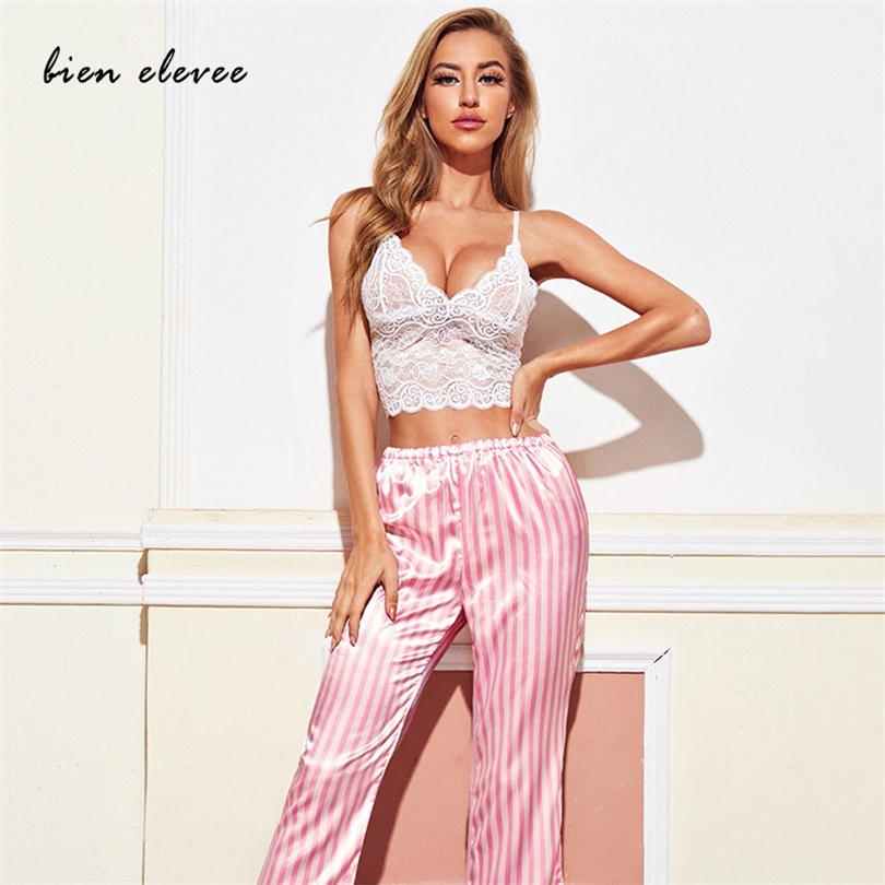 Satin Sexy Pajamas Lace Sets Sleepwear Women Suit Pants Female Silk Pyjama V-Neck Sleeveless Intimate Lingerie 220329